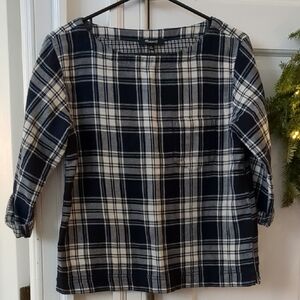 Madewell Flannel Boat Neck Top Xs Blue Elbow Sleeve